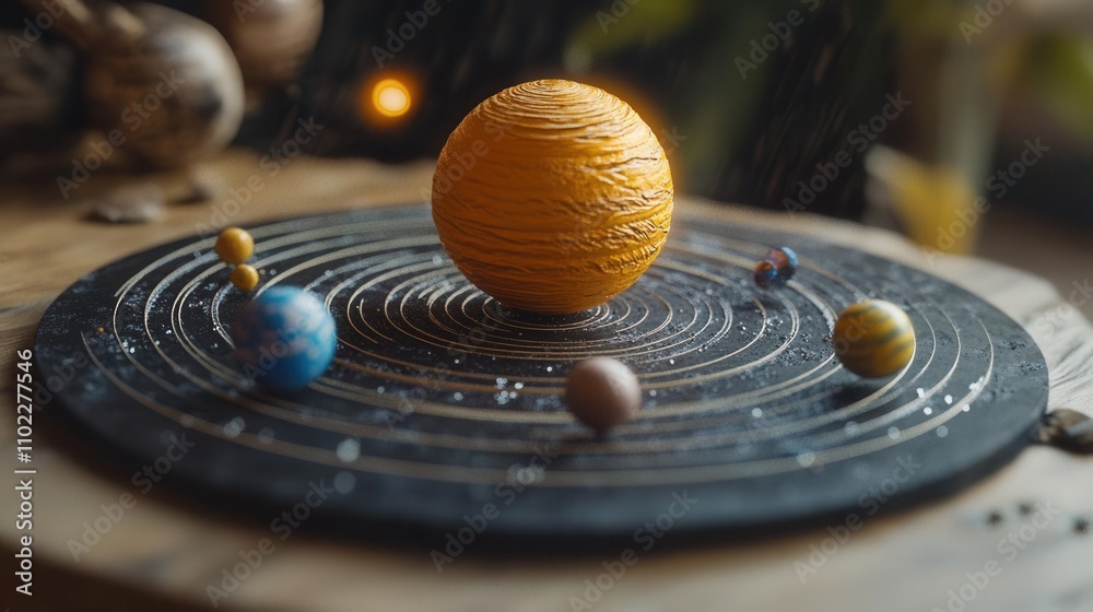 Stunning model of the solar system featuring planets orbiting around a vibrant sun Stunning model of the solar system featuring planets orbiting around a vibrant sun