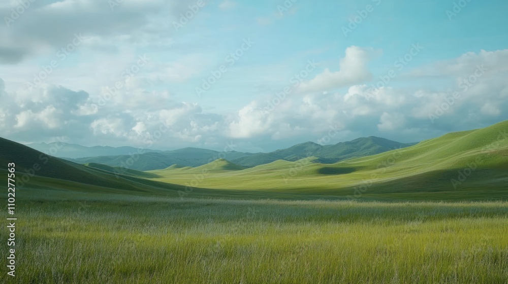 Fototapeta premium Serene green hills under a blue sky.