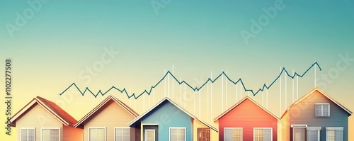 Colorful houses represent a thriving real estate market with upward trends in statistics, symbolizing growth and investment.