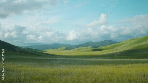 Serene green hills under a blue sky.