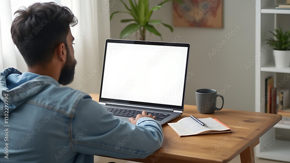Over-the-Shoulder View of Blank Laptop Screen for Advertising - Indian Male Student in Virtual Meeting, Online Training, and Educational Webinar at Home Over-the-Shoulder View of Blank Laptop Screen for Advertising - Indian Male Student in Virtual Meeting, Online Training, and Educational Webinar at Home