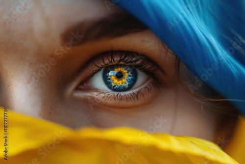 young Ukrainian woman in a wheat field wrapped in the Ukrainian flag photo