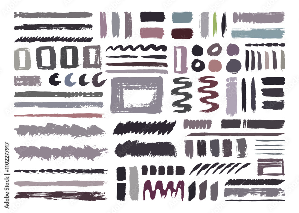 Obraz premium Artistic paint brush strokes element set. Hand drawn painting brushes. Rectangle, wavy shapes, circle, abstract forms, and straight lines collection.