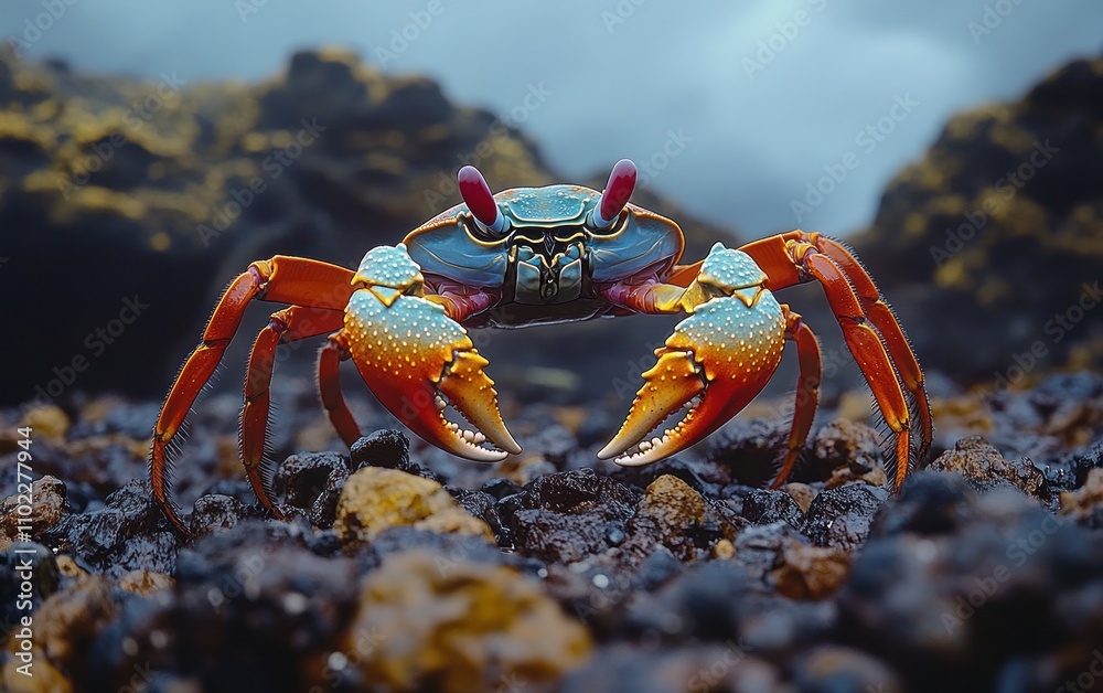 A transparent deep-sea crab explores the rocky ocean floor, showcasing its vibrant colors A transparent deep-sea crab explores the rocky ocean floor, showcasing its vibrant colors