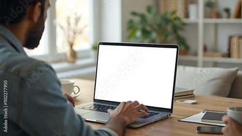 Over-the-Shoulder View of Blank Laptop Screen for Advertising - Indian Male Student in Virtual Meeting, Online Training, and Educational Webinar at Home photo