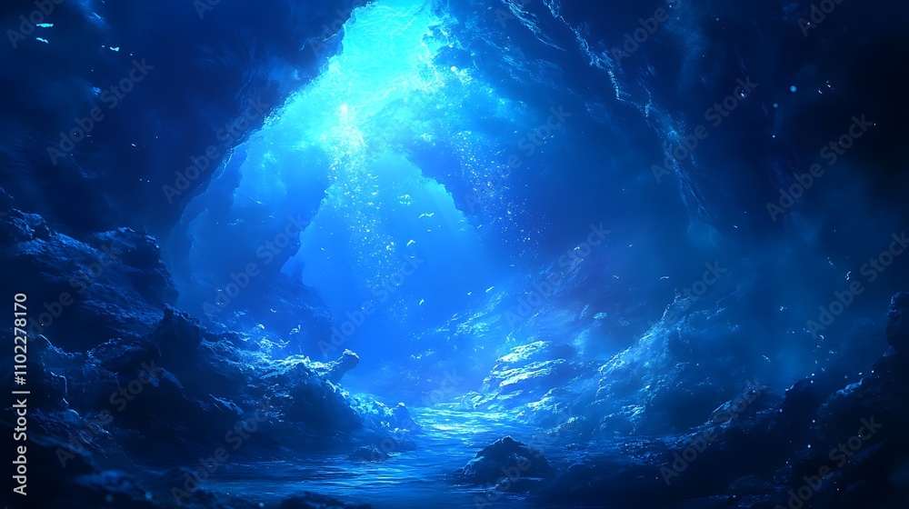 Fototapeta premium Diver venturing into a mystical blue-lit underwater grotto