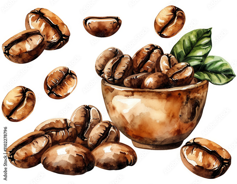 Fototapeta premium Fresh coffee beans spilling from a bowl with green leaves on a white background for a vibrant coffee-themed display