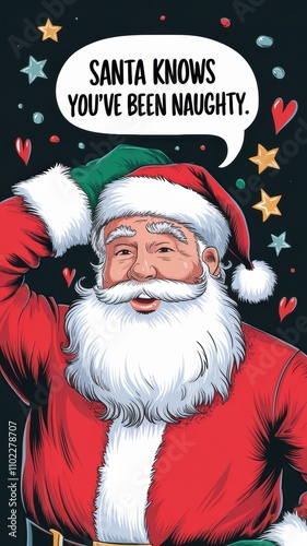 Santa delivers a playful reminder about good and bad behavior in a colorful festive illustration