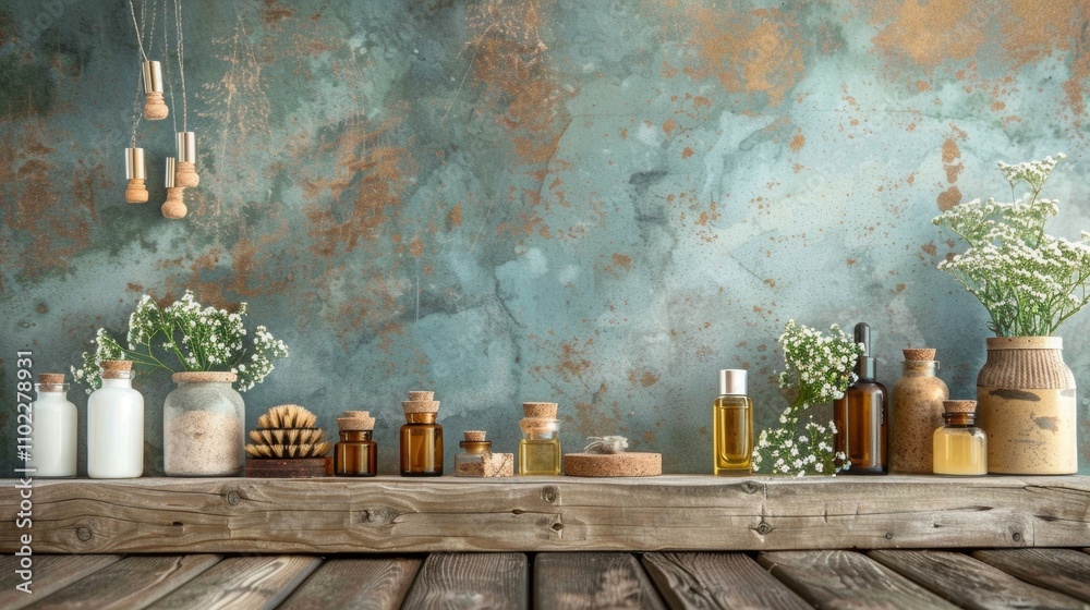 Rustic beauty products arranged on weathered wood shelf Rustic beauty products arranged on weathered wood shelf