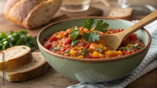 Zacuscă served in a bowl with chickpeas and parsley garnish. photo