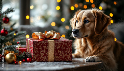 Festive Christmas Gift Close-Up with Golden Retriever