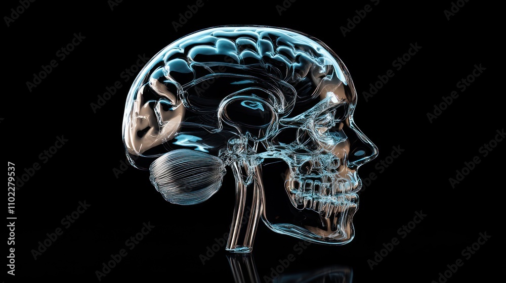 A transparent 3D illustration of a human brain and skull, showcasing anatomical details. A transparent 3D illustration of a human brain and skull, showcasing anatomical details.