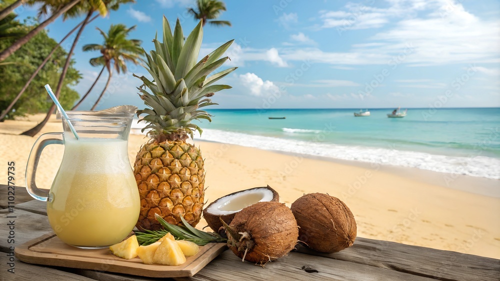 Obraz premium Virgin Piña Colada in a tropical beach setting with pineapple.