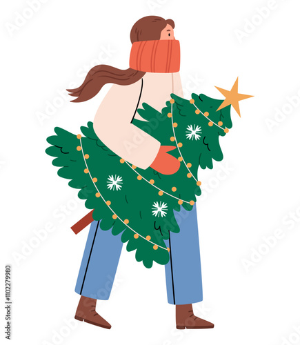 A stylish girl in winter clothes carries home a decorated Christmas tree.Smiling girl preparing for winter holidays. People buying Christmas fir on the fair. New Year postcard.