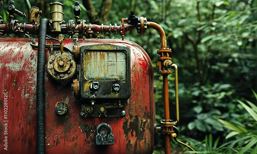 Vintage Industrial Machine with Rusty Components Surrounded by Lush Green Vegetation in an Overgrown Jungle Setting, Evoking a Sense of Abandonment and Nature Reclaiming