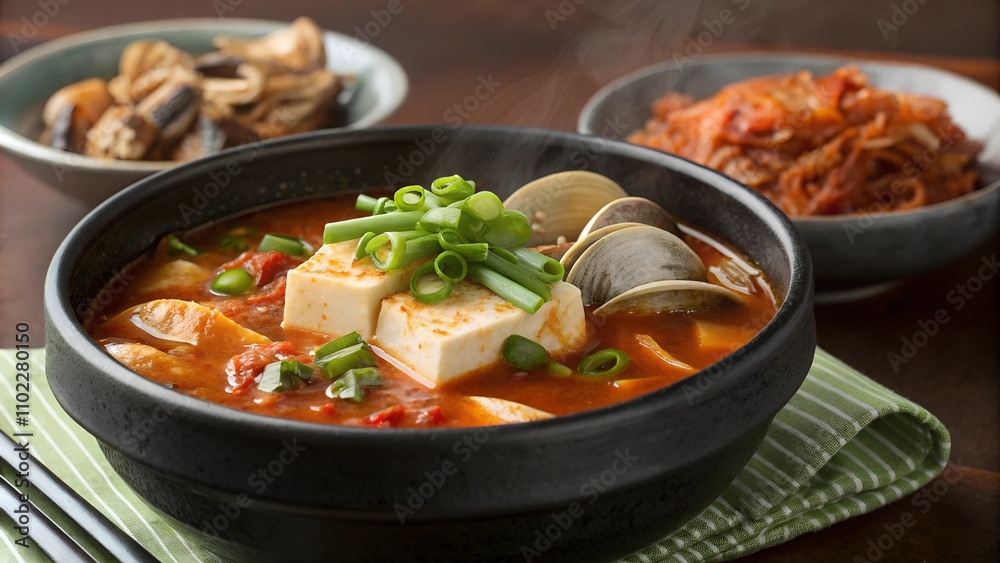 Korean soft tofu stew with clams and kimchi. Korean soft tofu stew with clams and kimchi.