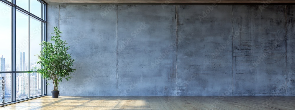 Une pièce vide spacieuse avec un plancher en bois, un mur gris, une fenêtre et une plante verte, image avec espace pour texte. Une pièce vide spacieuse avec un plancher en bois, un mur gris, une fenêtre et une plante verte, image avec espace pour texte.