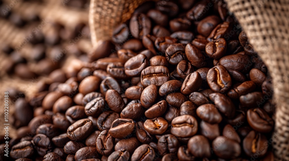 Close-up of roasted coffee beans spilling from burlap sack Close-up of roasted coffee beans spilling from burlap sack