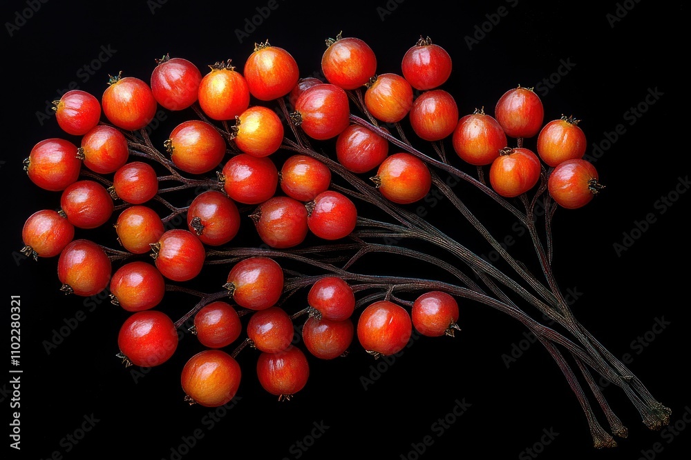 Bright red clusters of Red Baneberry exhibit a captivating but hazardous allure against a black background Bright red clusters of Red Baneberry exhibit a captivating but hazardous allure against a black background