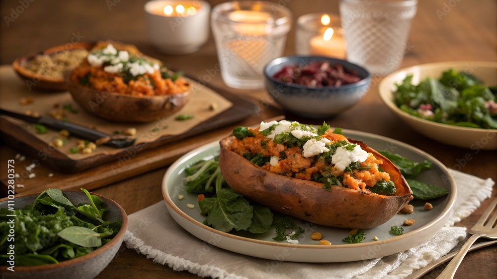 Baked sweet potatoes with spinach, chickpeas, and tahini dressing.