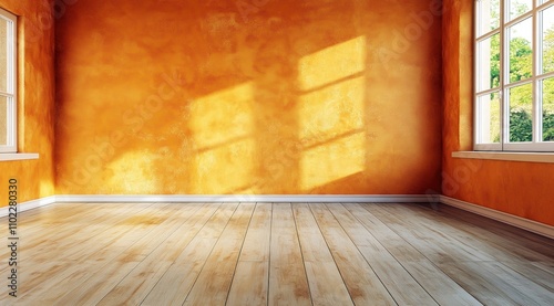 Pièce d'habitation vide aux murs orange et au sol avec du parquet en bois et des fenêtres sur les côtés laissant traverser la lumière du soleil, image avec espace pour texte.