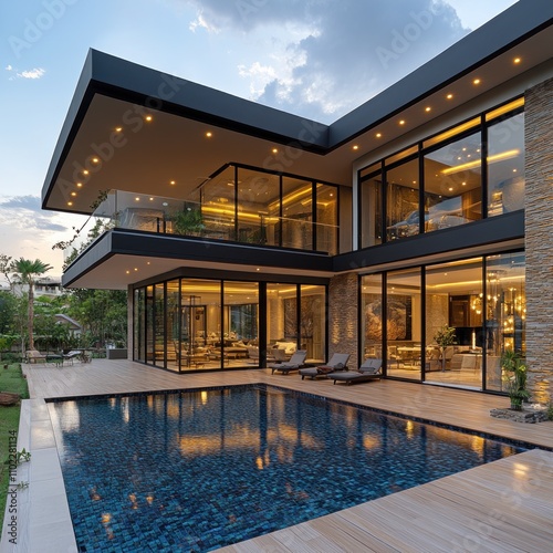 Modern Luxury Home Evening Poolside View