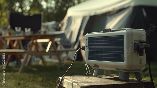 A solar-powered device sits outdoors near camping equipment, illustrating eco-friendly technology. photo