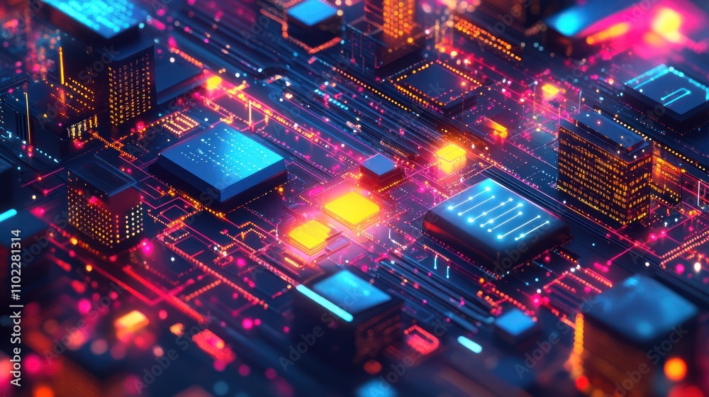 A vibrant digital circuit board with glowing components and connections. A vibrant digital circuit board with glowing components and connections.