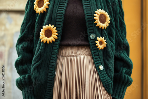  oversized emerald green knit cardigan with sunflower appliques layered over a chocolate brown turtleneck against a subtle backdrop photo