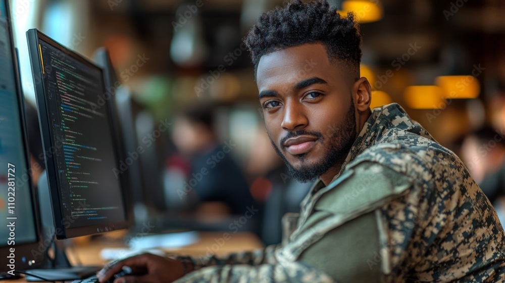 A military veteran working diligently at a computer in a modern office environment A military veteran working diligently at a computer in a modern office environment