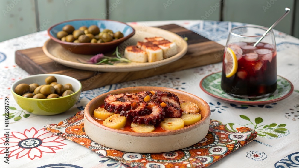 Pulpo a la gallega served family-style with tapas and sangria on table Pulpo a la gallega served family-style with tapas and sangria on table
