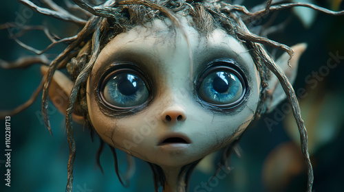 Wide-eyed and innocent alien child with twig-like hair looking curious and enchanting. Alien. Illustration photo