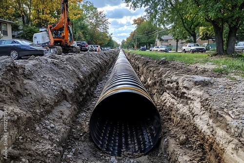  Large pipe installation in roadside trench for utility infrastructure. 

