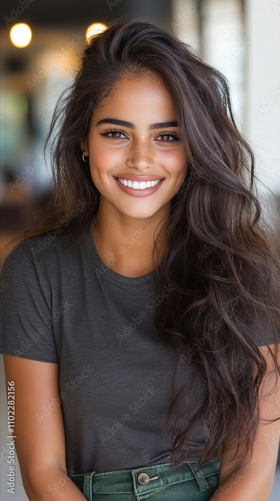 A woman with long brown hair smiling at the camera A woman with long brown hair smiling at the camera