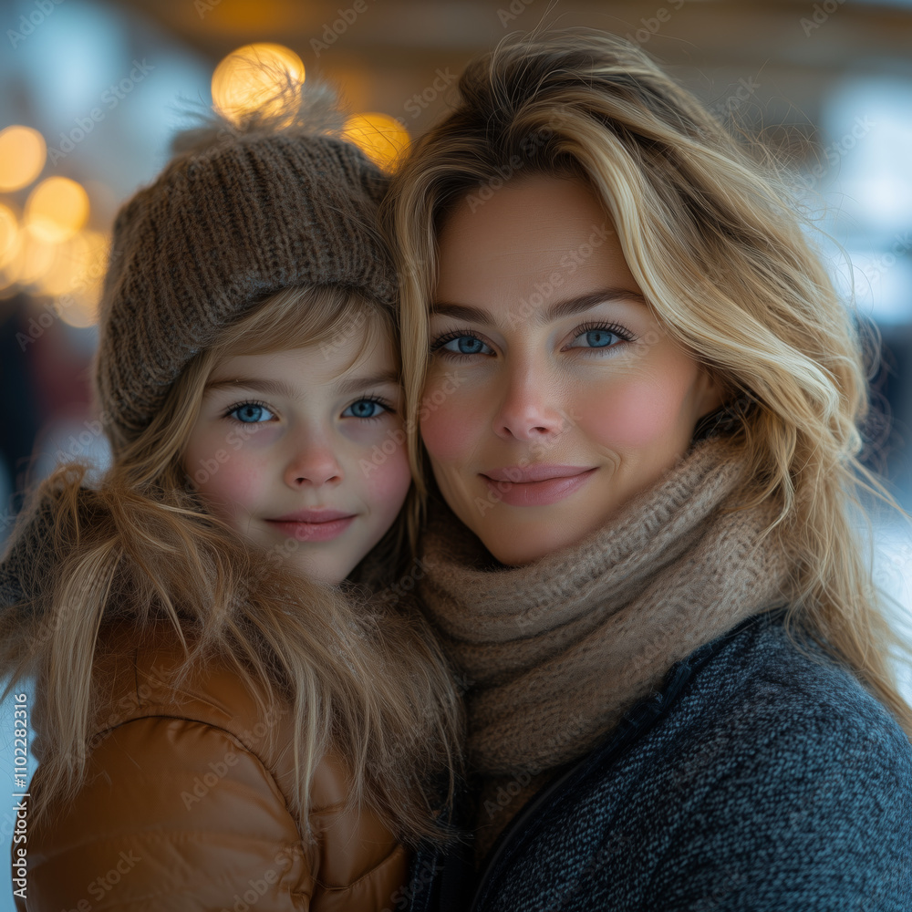 Warm Winter Embrace: Woman and Child in Cozy Winter Attire Warm Winter Embrace: Woman and Child in Cozy Winter Attire