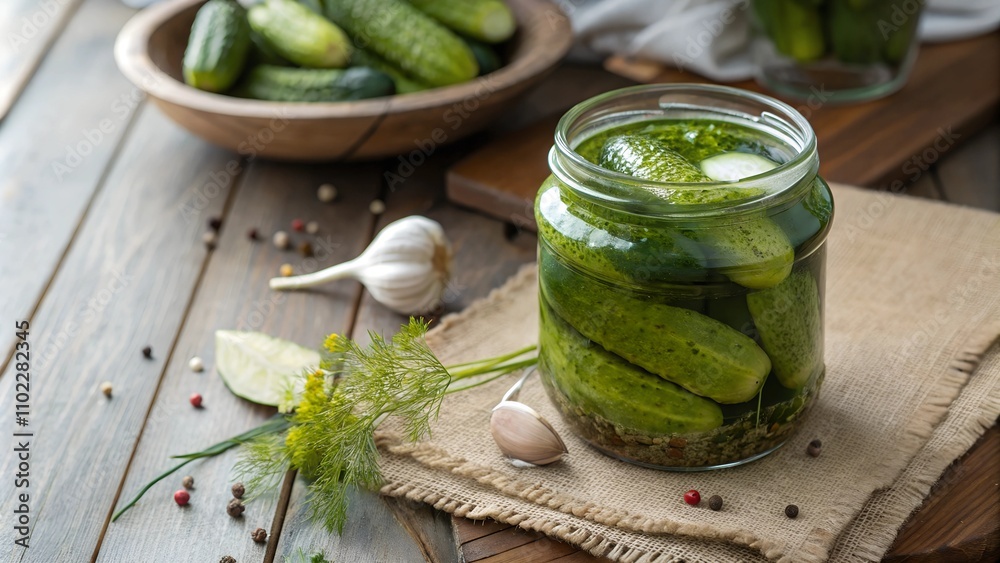 Fresh cucumbers with garlic and dill on wooden table ready for pickling Fresh cucumbers with garlic and dill on wooden table ready for pickling