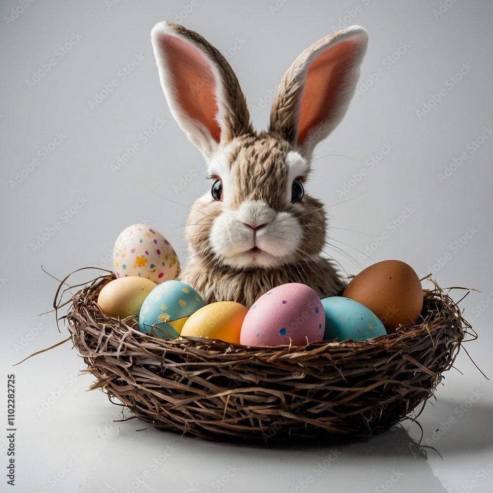plush fluffy toy Easter bunny with brightly colored eggs on gray white background plush fluffy toy Easter bunny with brightly colored eggs on gray white background