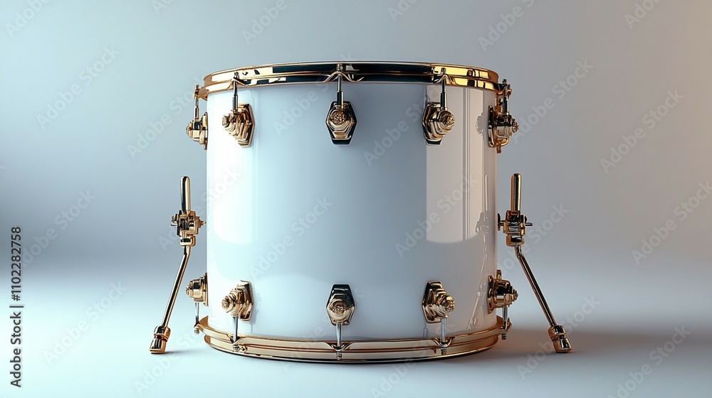 A white drum, depicted as a realistic musical instrument, stands alone against a white backdrop. A white drum, depicted as a realistic musical instrument, stands alone against a white backdrop.