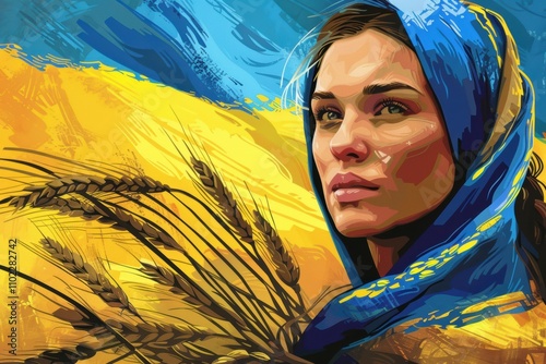 young Ukrainian woman in a wheat field wrapped in the Ukrainian flag photo