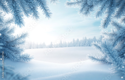 Winter background .Merry Christmas and happy New Year greeting card with copy-space. Christmas landscape with snow and fir tree 
