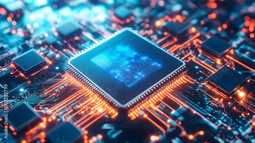 Close-up of a glowing central processing unit (CPU) on a circuit board.