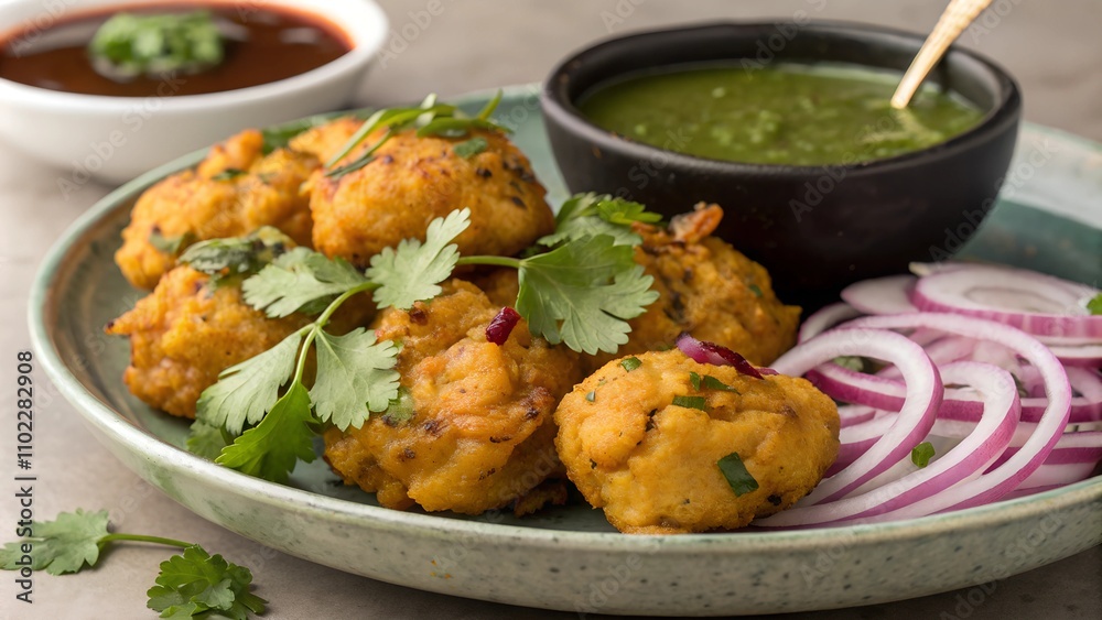 Crispy pakoras garnished with cilantro served with mint chutney Crispy pakoras garnished with cilantro served with mint chutney