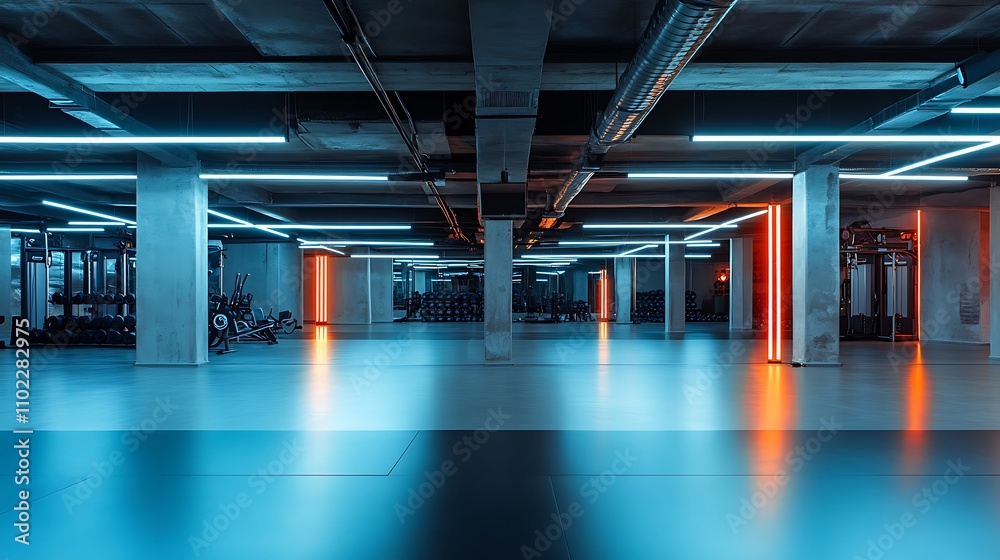 A sleek industrial workout space, empty except for its architectural elements, featuring concrete floors and ceilings, with neon strip lights adding a dramatic and modern touch for a photography focus A sleek industrial workout space, empty except for its architectural elements, featuring concrete floors and ceilings, with neon strip lights adding a dramatic and modern touch for a photography focus