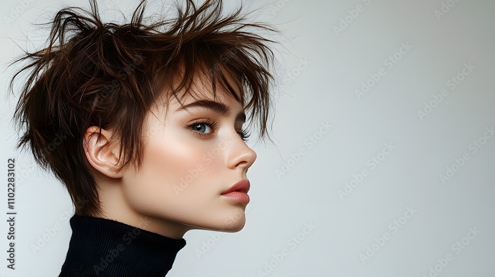 A young woman with a stylish, edgy haircut poses in profile, demonstrating a modern, artistic look. Her hair is dark, tousled and slightly careless, giving it a carefree and fashionable look. A young woman with a stylish, edgy haircut poses in profile, demonstrating a modern, artistic look. Her hair is dark, tousled and slightly careless, giving it a carefree and fashionable look.