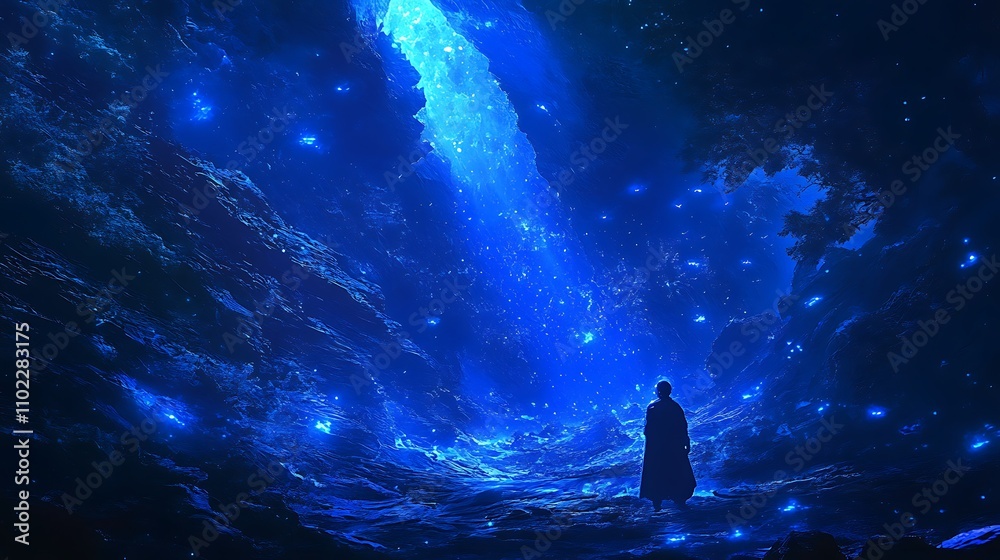 Underwater adventurer surrounded by vivid blue light in a hidden cave Underwater adventurer surrounded by vivid blue light in a hidden cave