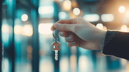 Businessperson holding house keys with house shaped keychain in a bright contemporary office building, representing real estate investment and homeownership