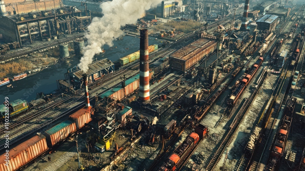 Fototapeta premium Aerial View Industrial Factory Complex with Trains