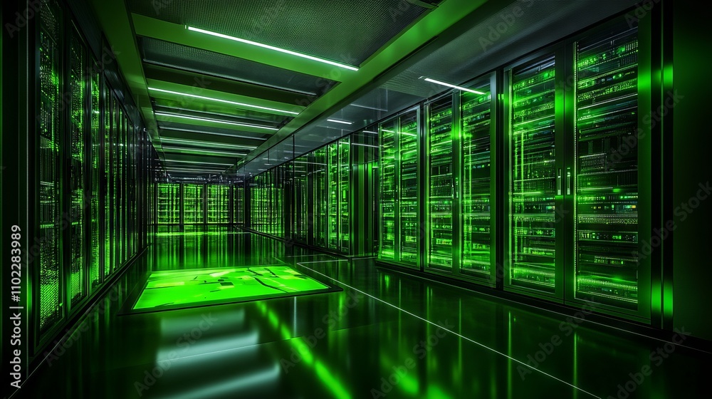 Futuristic Green Data Center with Glowing Machines - AI generated illustration Futuristic Green Data Center with Glowing Machines - AI generated illustration
