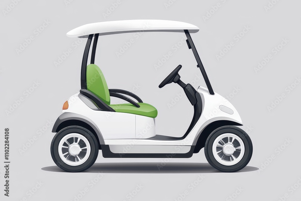 Electric golf cart parked on a gray background with green accents for recreational use