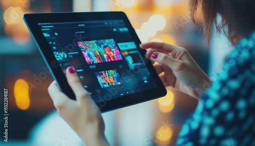 Woman Engaging In Video Content Marketing: Playing Videos On Streaming Platforms, Watching Short Clips On Digital Tablet For Business Promotion And Internet Advertising Technologies. photo